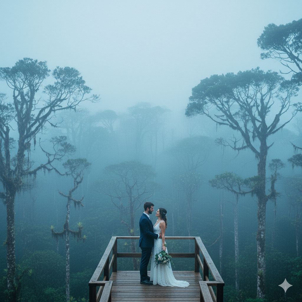 Pareja de bodas riendo en el bosque nuboso de Monteverde
